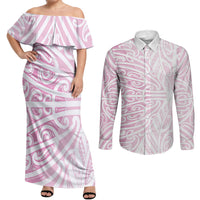 Pink New Zealand Puhoro Maori Tattoo Couples Matching Off Shoulder Maxi Dress and Long Sleeve Button Shirt LT14 Pink - Polynesian Pride