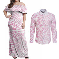 Pink New Zealand Puhoro Maori Tattoo Couples Matching Off Shoulder Maxi Dress and Long Sleeve Button Shirt