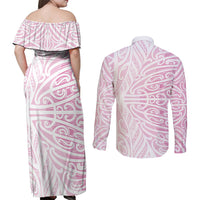 Pink New Zealand Puhoro Maori Tattoo Couples Matching Off Shoulder Maxi Dress and Long Sleeve Button Shirt LT14 - Polynesian Pride