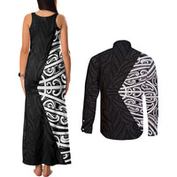 Black New Zealand Puhoro Maori Tattoo Couples Matching Tank Maxi Dress and Long Sleeve Button Shirt