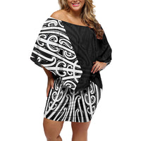 Black New Zealand Puhoro Maori Tattoo Family Matching Off Shoulder Short Dress and Hawaiian Shirt