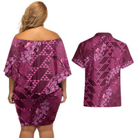 Pink Aloha Hawaii Couples Matching Off Shoulder Short Dress and Hawaiian Shirt Hawaiian Kakau Ohia Lehua Lei - Polynesian Pride