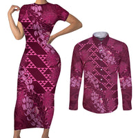 Pink Aloha Hawaii Couples Matching Short Sleeve Bodycon Dress and Long Sleeve Button Shirt Hawaiian Kakau Ohia Lehua Lei - Polynesian Pride