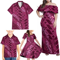 Pink Aloha Hawaii Family Matching Off Shoulder Maxi Dress and Hawaiian Shirt Hawaiian Kakau Ohia Lehua Lei - Polynesian Pride
