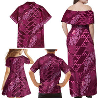 Pink Aloha Hawaii Family Matching Off Shoulder Maxi Dress and Hawaiian Shirt Hawaiian Kakau Ohia Lehua Lei - Polynesian Pride