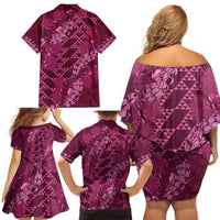 Pink Aloha Hawaii Family Matching Off Shoulder Short Dress and Hawaiian Shirt Hawaiian Kakau Ohia Lehua Lei - Polynesian Pride