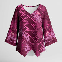 Pink Aloha Hawaii Kimono Sleeve Blouse Hawaiian Kakau Ohia Lehua Lei - Polynesian Pride