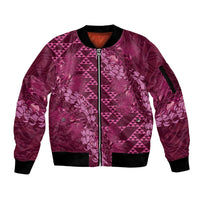 Pink Aloha Hawaii Sleeve Zip Bomber Jacket Hawaiian Kakau Ohia Lehua Lei - Polynesian Pride