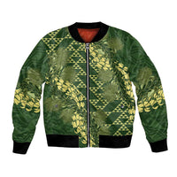 Green Aloha Hawaii Bomber Jacket Hawaiian Kakau Ohia Lehua Lei - Polynesian Pride