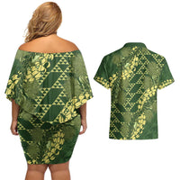 Green Aloha Hawaii Couples Matching Off Shoulder Short Dress and Hawaiian Shirt Hawaiian Kakau Ohia Lehua Lei - Polynesian Pride