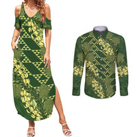 Green Aloha Hawaii Couples Matching Summer Maxi Dress and Long Sleeve Button Shirt Hawaiian Kakau Ohia Lehua Lei - Polynesian Pride