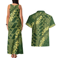 Green Aloha Hawaii Couples Matching Tank Maxi Dress and Hawaiian Shirt Hawaiian Kakau Ohia Lehua Lei - Polynesian Pride
