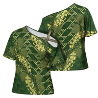 Green Aloha Hawaii Cross Shoulder Shirt Hawaiian Kakau Ohia Lehua Lei - Polynesian Pride