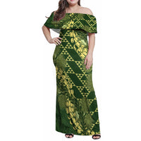 Green Aloha Hawaii Family Matching Off Shoulder Maxi Dress and Hawaiian Shirt Hawaiian Kakau Ohia Lehua Lei - Polynesian Pride