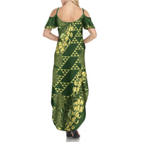 Green Aloha Hawaii Family Matching Summer Maxi Dress and Hawaiian Shirt Hawaiian Kakau Ohia Lehua Lei - Polynesian Pride