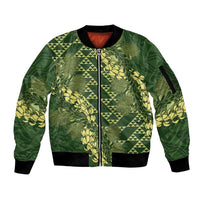 Green Aloha Hawaii Sleeve Zip Bomber Jacket Hawaiian Kakau Ohia Lehua Lei - Polynesian Pride