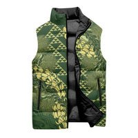 Green Aloha Hawaii Sleeveless Puffer Jacket Hawaiian Kakau Ohia Lehua Lei - Polynesian Pride