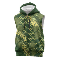 Green Aloha Hawaii Sleeveless Zip Hoodie Hawaiian Kakau Ohia Lehua Lei - Polynesian Pride
