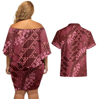Maroon Aloha Hawaii Couples Matching Off Shoulder Short Dress and Hawaiian Shirt Hawaiian Kakau Ohia Lehua Lei - Polynesian Pride