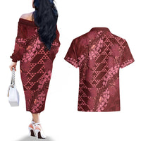 Maroon Aloha Hawaii Couples Matching Off The Shoulder Long Sleeve Dress and Hawaiian Shirt Hawaiian Kakau Ohia Lehua Lei - Polynesian Pride