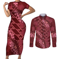 Maroon Aloha Hawaii Couples Matching Short Sleeve Bodycon Dress and Long Sleeve Button Shirt Hawaiian Kakau Ohia Lehua Lei - Polynesian Pride