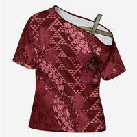 Maroon Aloha Hawaii Cross Shoulder Shirt Hawaiian Kakau Ohia Lehua Lei - Polynesian Pride