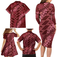 Maroon Aloha Hawaii Family Matching Long Sleeve Bodycon Dress and Hawaiian Shirt Hawaiian Kakau Ohia Lehua Lei LT14 - Polynesian Pride