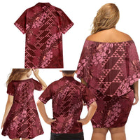 Maroon Aloha Hawaii Family Matching Off Shoulder Short Dress and Hawaiian Shirt Hawaiian Kakau Ohia Lehua Lei - Polynesian Pride