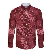 Maroon Aloha Hawaii Long Sleeve Button Shirt Hawaiian Kakau Ohia Lehua Lei - Polynesian Pride