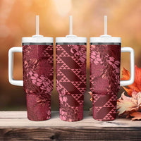 Maroon Aloha Hawaii Tumbler With Handle Hawaiian Kakau Ohia Lehua Lei - Polynesian Pride