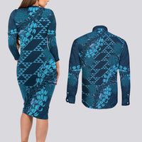Naval Night Aloha Hawaii Couples Matching Long Sleeve Bodycon Dress and Long Sleeve Button Shirt Hawaiian Kakau Ohia Lehua Lei - Polynesian Pride