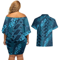 Naval Night Aloha Hawaii Couples Matching Off Shoulder Short Dress and Hawaiian Shirt Hawaiian Kakau Ohia Lehua Lei - Polynesian Pride