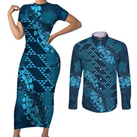 Naval Night Aloha Hawaii Couples Matching Short Sleeve Bodycon Dress and Long Sleeve Button Shirt Hawaiian Kakau Ohia Lehua Lei - Polynesian Pride