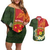 Personalised PNG Isten Hailans Provins Couples Matching Off Shoulder Short Dress and Hawaiian Shirt Papua New Guinea Plumeria Melanesian Pattern - Polynesian Pride