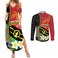 Personalised PNG Sauten Hailans Couples Matching Summer Maxi Dress and Long Sleeve Button Shirt Papua New Guinea Plumeria Melanesian Pattern - Polynesian Pride