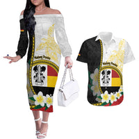 Personalised PNG Madang Provins Couples Matching Off The Shoulder Long Sleeve Dress and Hawaiian Shirt Papua New Guinea Plumeria Melanesian Pattern - Polynesian Pride