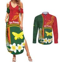 Personalised PNG Oro Provins Couples Matching Summer Maxi Dress and Long Sleeve Button Shirt Papua New Guinea Plumeria Melanesian Pattern - Polynesian Pride