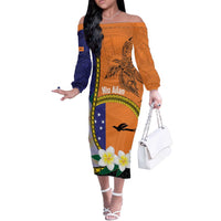 Personalised PNG Niu Ailan Off The Shoulder Long Sleeve Dress Papua New Guinea Plumeria Melanesian Pattern - Polynesian Pride