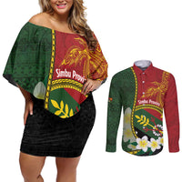 Personalised PNG Simbu Provins Couples Matching Off Shoulder Short Dress and Long Sleeve Button Shirt Papua New Guinea Plumeria Melanesian Pattern - Polynesian Pride