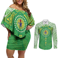 Cook Islands Manta Ray Couples Matching Off Shoulder Short Dress and Long Sleeve Button Shirt Kuki Airani Tattoo Green Color LT14 Green - Polynesian Pride
