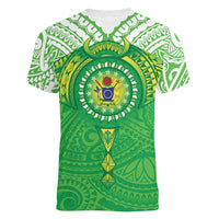 Cook Islands Manta Ray Women V-Neck T-Shirt Kuki Airani Tattoo Green Color LT14 - Polynesian Pride