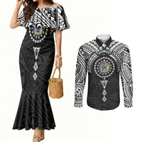 Cook Islands Manta Ray Couples Matching Mermaid Dress and Long Sleeve Button Shirt Kuki Airani Tattoo Black Color LT14 Black - Polynesian Pride