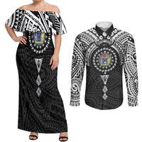 Cook Islands Manta Ray Couples Matching Off Shoulder Maxi Dress and Long Sleeve Button Shirt Kuki Airani Tattoo Black Color LT14 Black - Polynesian Pride