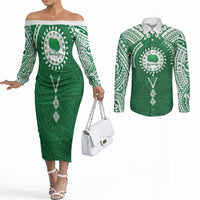 Personalised Cook Islands Rarotonga Couples Matching Off The Shoulder Long Sleeve Dress and Long Sleeve Button Shirt Map With Kuki Airani Manta Ray Tattoo LT14 Green - Polynesian Pride