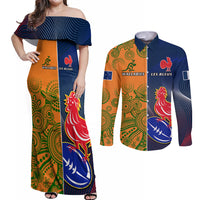 France And Australia Rugby Couples Matching Off Shoulder Maxi Dress and Long Sleeve Button Shirts 2023 World Cup Le Bleus Wallabies Together LT14 Gold - Polynesian Pride