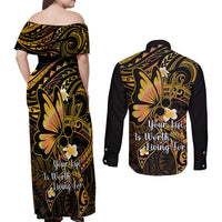 Polynesia Suicide Prevention Awareness Couples Matching Off Shoulder Maxi Dress and Long Sleeve Button Shirts Your Life Is Worth Living For Polynesian Gold Pattern LT14 - Polynesian Pride