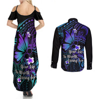 Polynesia Suicide Prevention Awareness Couples Matching Summer Maxi Dress and Long Sleeve Button Shirts Your Life Is Worth Living For Polynesian Purple Pattern LT14 - Polynesian Pride