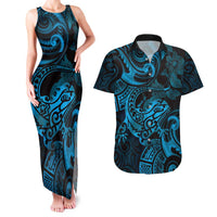 New Zealand Tuatara Couples Matching Tank Maxi Dress and Hawaiian Shirt Aotearoa Maori Clematis Flowers - Blue LT14 Blue - Polynesian Pride