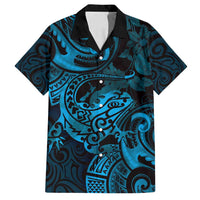 New Zealand Tuatara Family Matching Long Sleeve Bodycon Dress and Hawaiian Shirt Aotearoa Maori Clematis Flowers - Blue LT14 Dad's Shirt - Short Sleeve Blue - Polynesian Pride