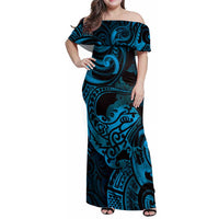 New Zealand Tuatara Family Matching Off Shoulder Maxi Dress and Hawaiian Shirt Aotearoa Maori Clematis Flowers - Blue